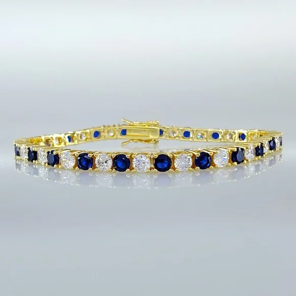 Mens 14K Gold 2ct Blue Sapphire Gemstone Diamond Tennis Bracelet 7 7.5 8 Size